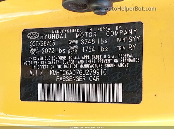 KMHTC6AD7GU279910 2016 HYUNDAI VELOSTER Yellow Շարժիչի բաժամունքի տեսք