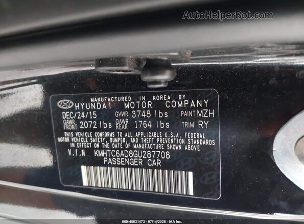 KMHTC6AD8GU287708 2016 HYUNDAI VELOSTER Black Вид підкапотного простору