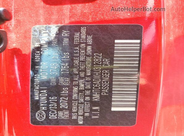 KMHTC6ADXHU312822 2017 HYUNDAI VELOSTER Red ძრავის განყოფილების ხედი
