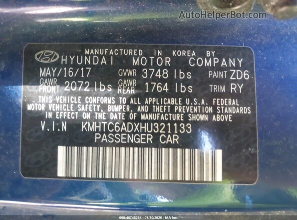 KMHTC6ADXHU321133 2017 HYUNDAI VELOSTER Blue Widok komory silnika