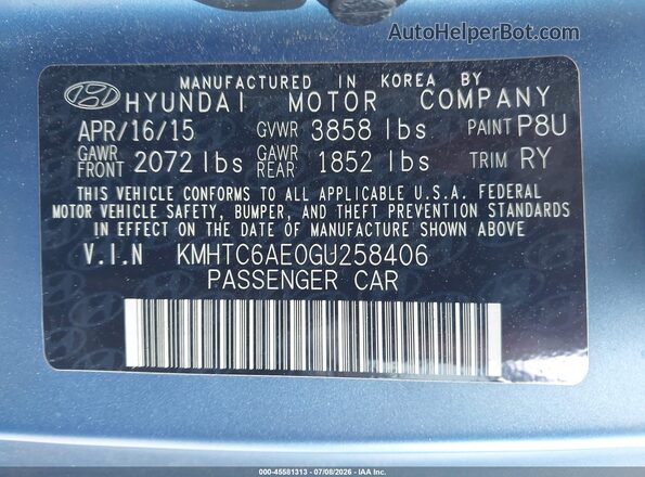 KMHTC6AE0GU258406 2016 HYUNDAI VELOSTER Blue Engine compartment view