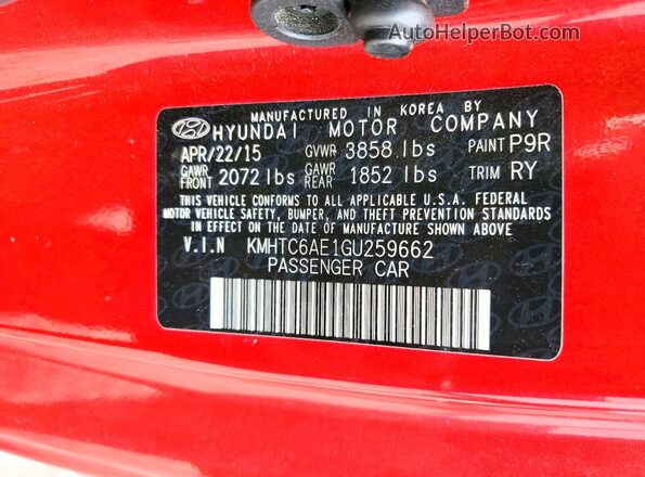 KMHTC6AE1GU259662 2016 HYUNDAI VELOSTER Red ძრავის განყოფილების ხედი