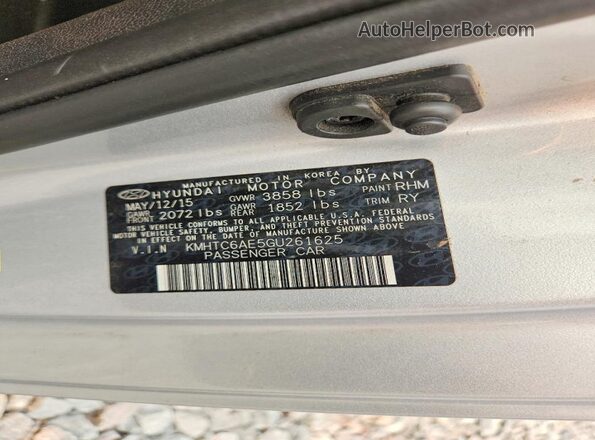 KMHTC6AE5GU261625 2016 HYUNDAI VELOSTER Silver VIN կոդի պիտակի տեսք
