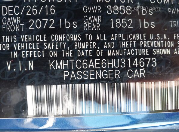 KMHTC6AE6HU314673 2017 HYUNDAI VELOSTER Blue Vista del compartimento del motor