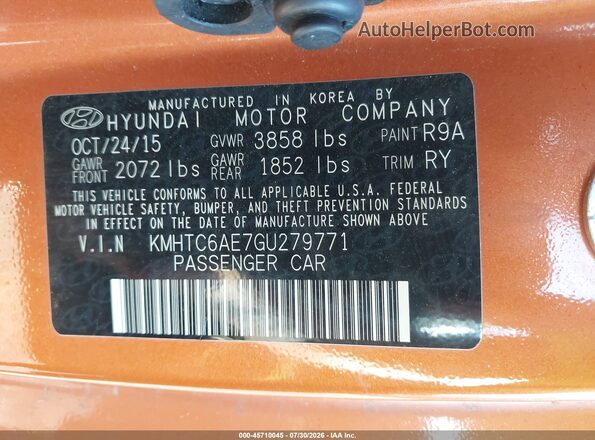 KMHTC6AE7GU279771 2016 HYUNDAI VELOSTER Orange Widok komory silnika