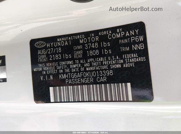 KMHTG6AF0KU013398 2019 HYUNDAI VELOSTER White Engine compartment view