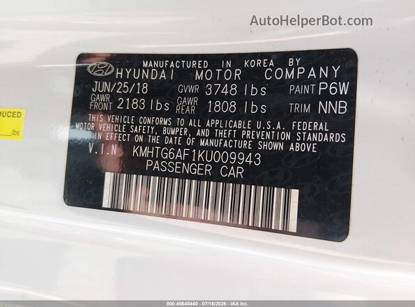 KMHTG6AF1KU009943 2019 HYUNDAI VELOSTER White Вид підкапотного простору
