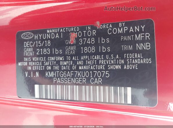 KMHTG6AF7KU017075 2019 HYUNDAI VELOSTER Red Widok komory silnika