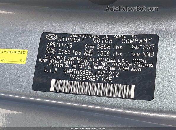 KMHTH6AB6LU021212 2020 HYUNDAI VELOSTER Silver Շարժիչի բաժամունքի տեսք