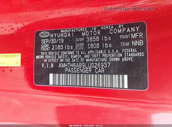 KMHTH6AB9LU026937 2020 HYUNDAI VELOSTER Red Widok komory silnika