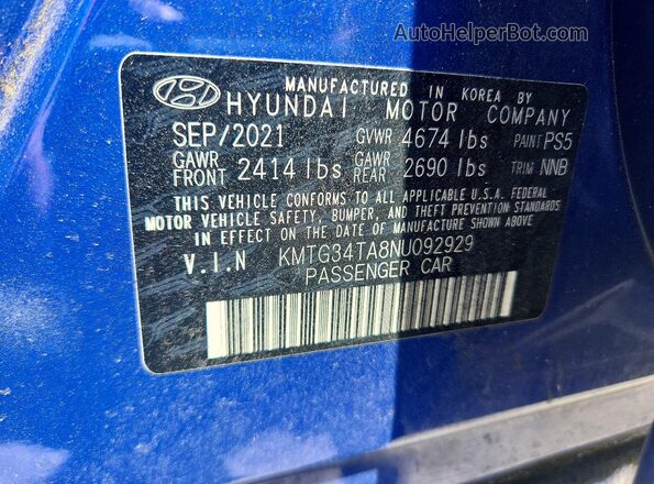 KMTG34TA8NU092929 2022 GENESIS G70 Синий Вид наклейки с VIN-кодом