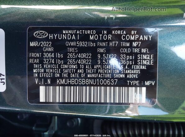 KMUHBDSB8NU100637 2022 GENESIS GV80 Green Вид підкапотного простору