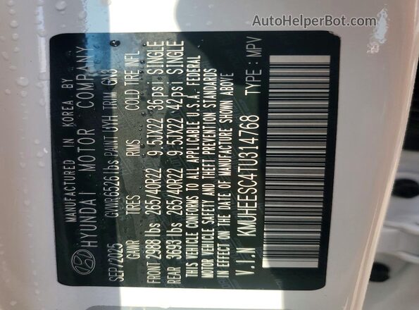 KMUHEESC4TU314768 2026 GENESIS GV80 White Widok naklejki z numerem VIN
