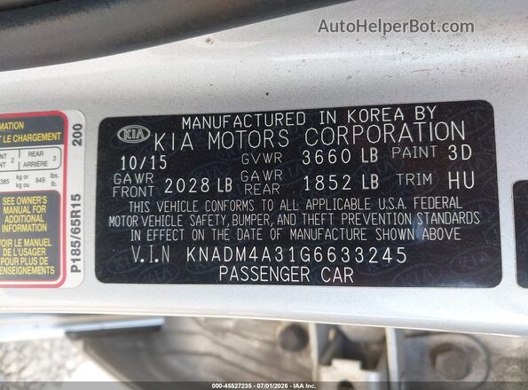 KNADM4A31G6633245 2016 KIA RIO Silver Շարժիչի բաժամունքի տեսք