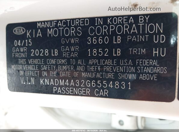 KNADM4A32G6554831 2016 KIA RIO White Շարժիչի բաժամունքի տեսք