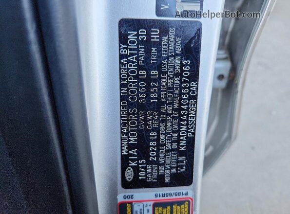 KNADM4A34G6637063 2016 KIA RIO Silver Вид наклейки з VIN-кодом