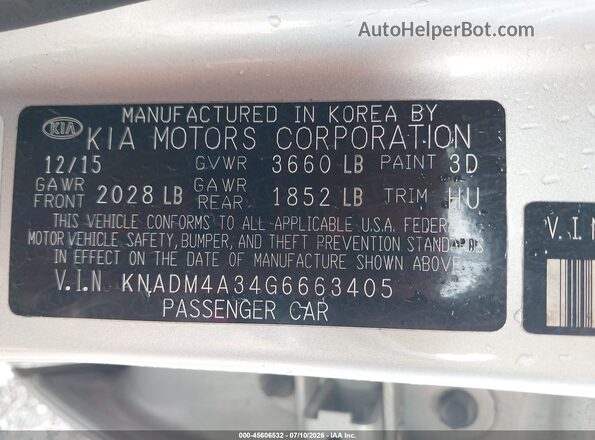 KNADM4A34G6663405 2016 KIA RIO Silver Вид підкапотного простору
