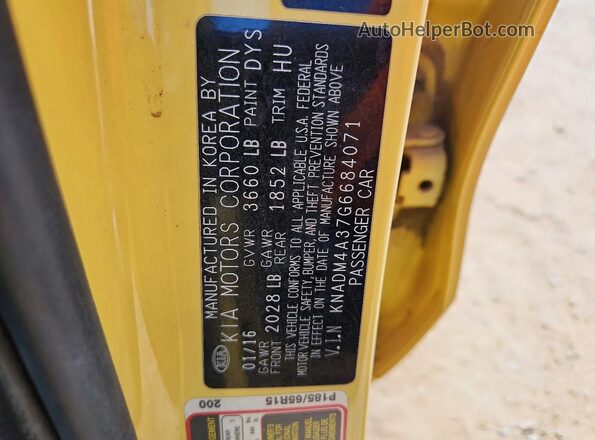 KNADM4A37G6684071 2016 KIA RIO Yellow Vista de la etiqueta del VIN