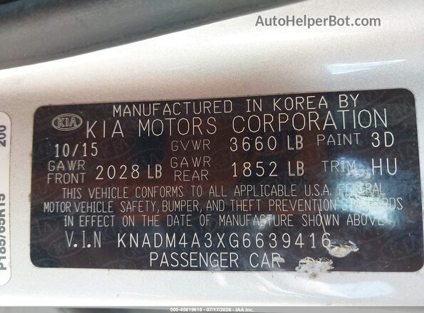 KNADM4A3XG6639416 2016 KIA RIO Silver Вид підкапотного простору