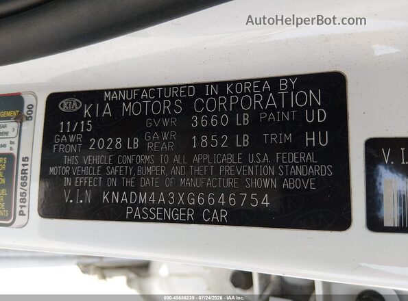 KNADM4A3XG6646754 2016 KIA RIO Белый Вид подкапотного пространства