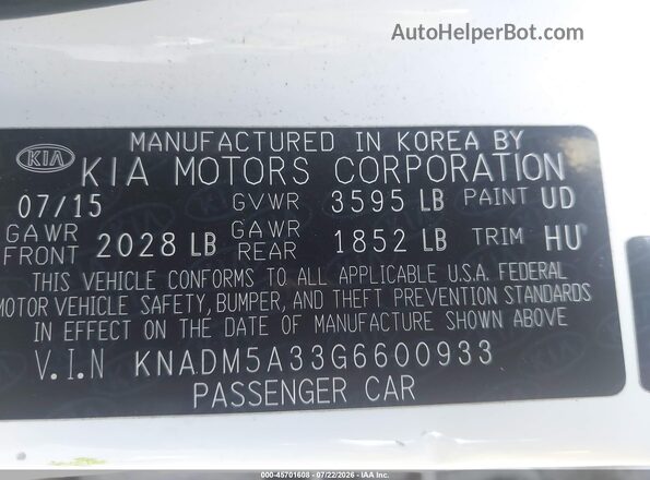 KNADM5A33G6600933 2016 KIA RIO White Vista del compartimento del motor