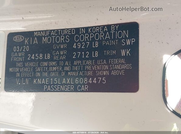 KNAE15LAXL6084475 2020 KIA STINGER White Շարժիչի բաժամունքի տեսք