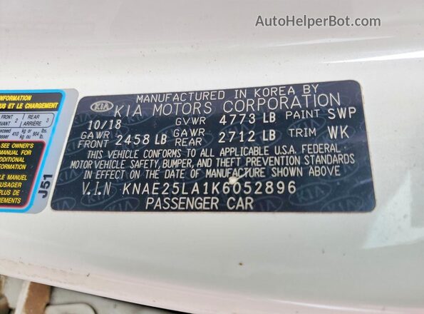 KNAE25LA1K6052896 2019 KIA STINGER White Widok naklejki z numerem VIN