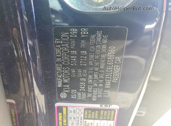 KNAE35LC6L6086560 2020 KIA STINGER Blue Vista de la etiqueta del VIN