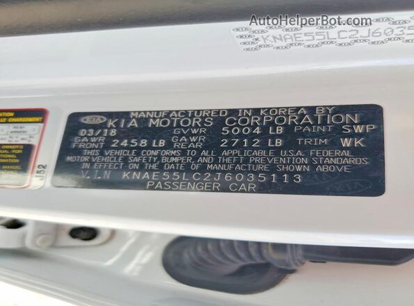 KNAE55LC2J6035113 2018 KIA STINGER White VIN sticker view