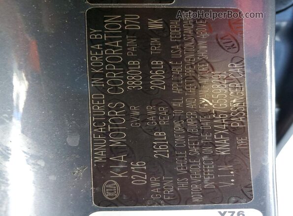 KNAFX4A67G5598291 2016 KIA FORTE Gray VIN sticker view