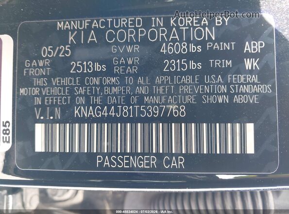 KNAG44J81T5397768 2026 KIA K5 Black Widok komory silnika