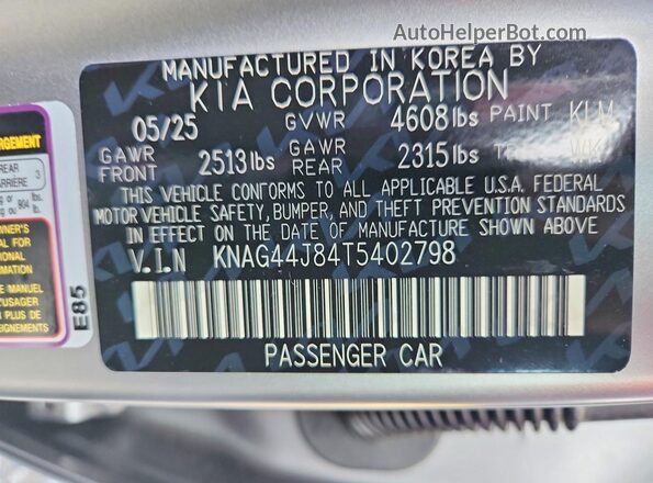 KNAG44J84T5402798 2026 KIA K5 Gray VIN sticker view