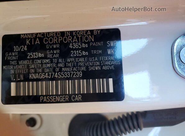 KNAG64J74S5337239 2025 KIA K5 White VIN կոդի պիտակի տեսք