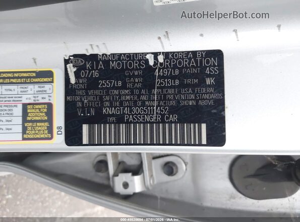 KNAGT4L30G5111452 2016 KIA OPTIMA Silver ძრავის განყოფილების ხედი