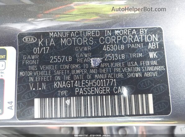 KNAGT4LE5H5011771 2017 KIA OPTIMA HYBRID Gray Շարժիչի բաժամունքի տեսք