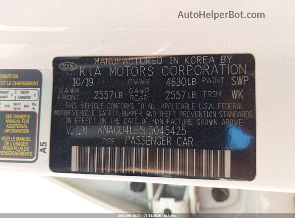 KNAGU4LE5L5045425 2020 KIA OPTIMA HYBRID White ძრავის განყოფილების ხედი
