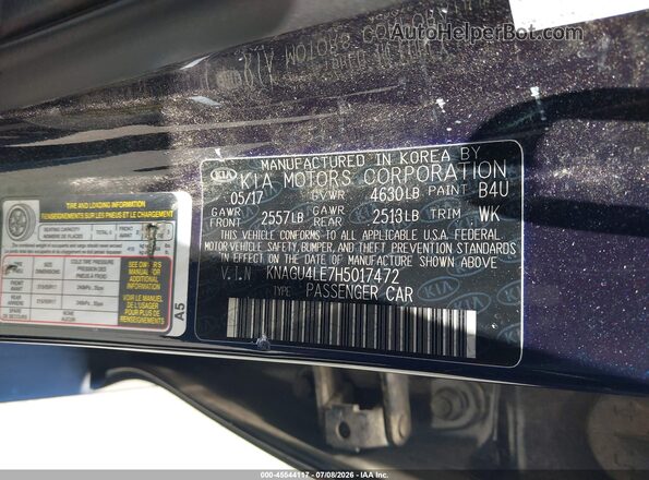 KNAGU4LE7H5017472 2017 KIA OPTIMA HYBRID Dark Blue Շարժիչի բաժամունքի տեսք