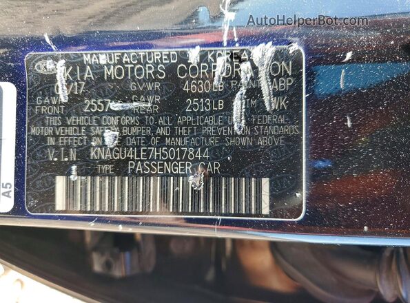 KNAGU4LE7H5017844 2017 KIA OPTIMA Black Widok naklejki z numerem VIN