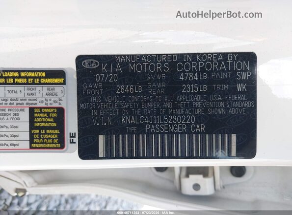 KNALC4J11L5230220 2020 KIA CADENZA White Вид підкапотного простору
