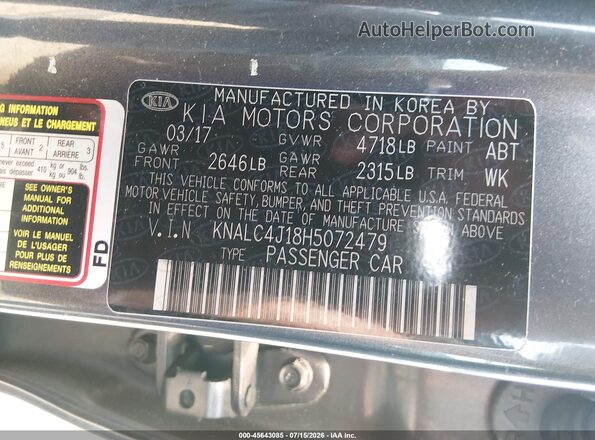 KNALC4J18H5072479 2017 KIA CADENZA Gray Շարժիչի բաժամունքի տեսք