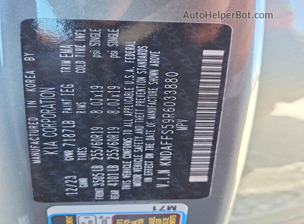 KNDAFFS59R6033880 2024 KIA EV9 Зеленый Вид наклейки с VIN-кодом