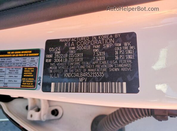 KNDC34LB4R5215535 2024 KIA EV6 White VIN sticker view