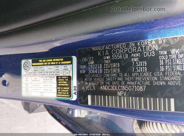 KNDC3DLC1N5071087 2022 KIA EV6 Blue Vista del compartimento del motor