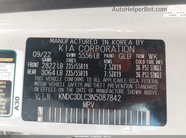 KNDC3DLC3N5087842 2022 KIA EV6 White Engine compartment view