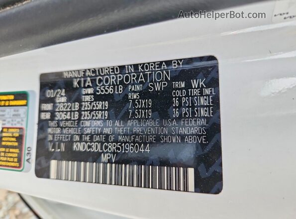 KNDC3DLC8R5196044 2024 KIA EV6 White VIN sticker view