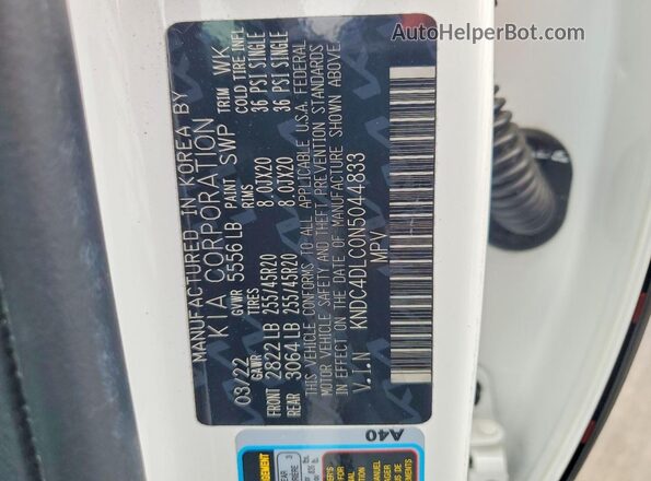 KNDC4DLC0N5044833 2022 KIA EV6 White Вид наклейки з VIN-кодом
