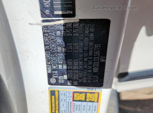 KNDCB3LC0L5367793 2020 KIA NIRO White Widok naklejki z numerem VIN