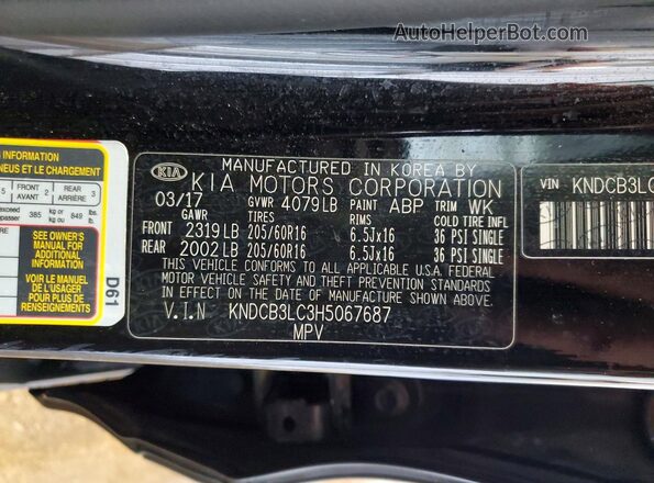 KNDCB3LC3H5067687 2017 KIA NIRO Black Widok naklejki z numerem VIN