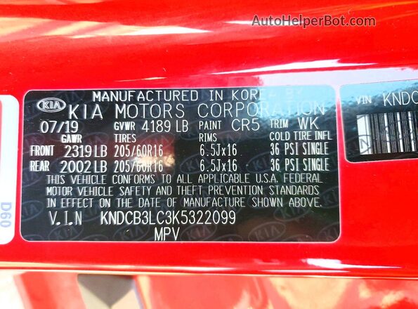 KNDCB3LC3K5322099 2019 KIA NIRO Красный Вид наклейки с VIN-кодом