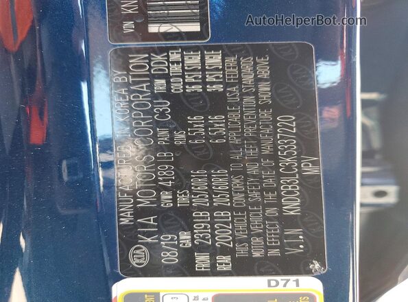 KNDCB3LC3K5337220 2019 KIA NIRO Blue Widok naklejki z numerem VIN